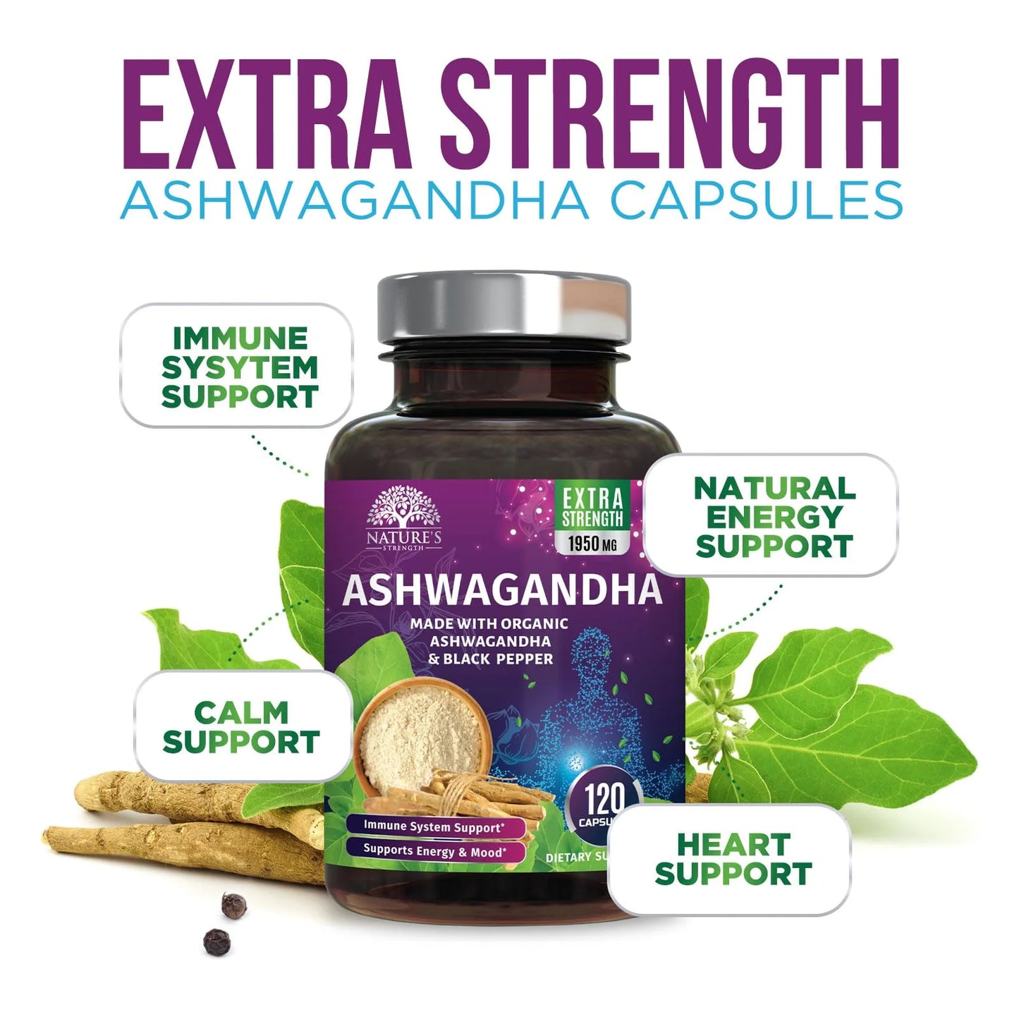 Experience Ultimate Wellness with Organic Ashwagandha Extra Strength 1950 mg - Premium Vegan Capsules for Stress, Immune, and Thyroid Support - 120 Count