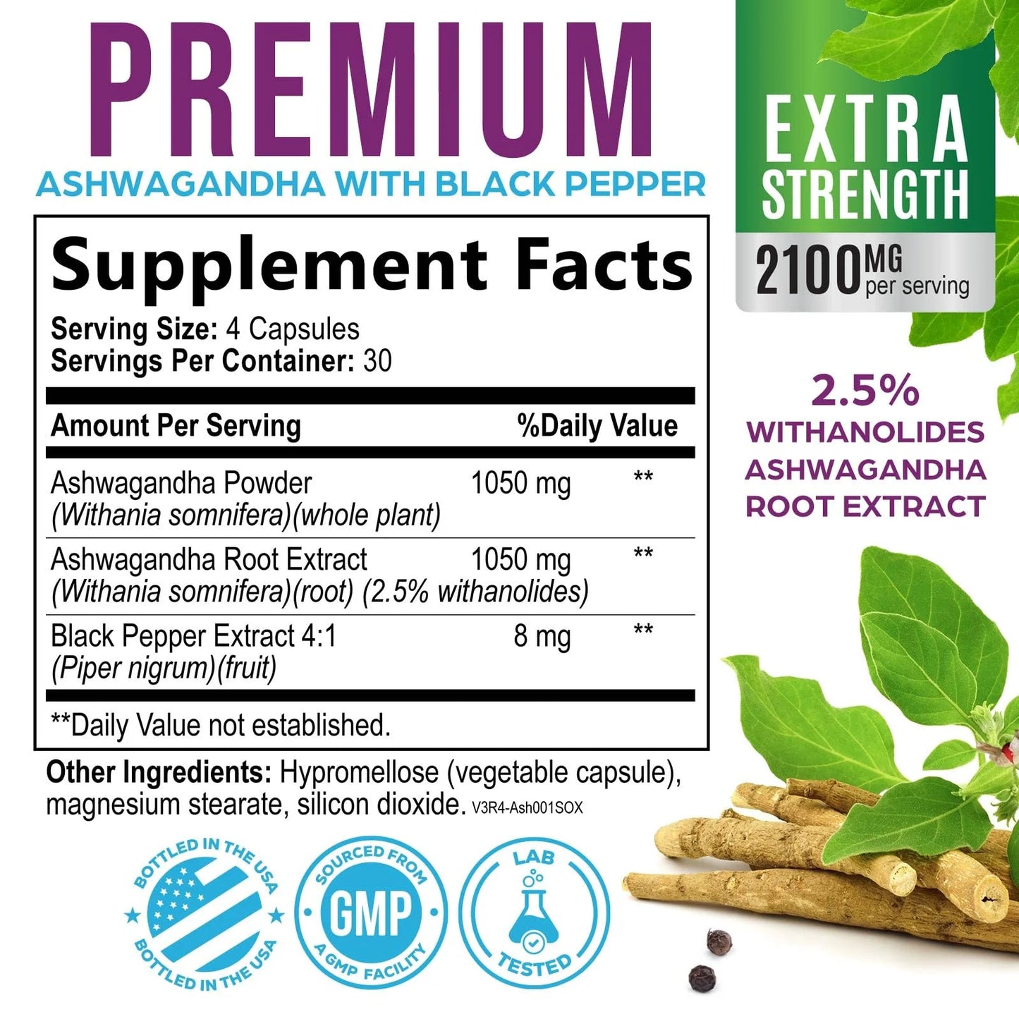 Experience Ultimate Wellness with Organic Ashwagandha Extra Strength 1950 mg - Premium Vegan Capsules for Stress, Immune, and Thyroid Support - 120 Count