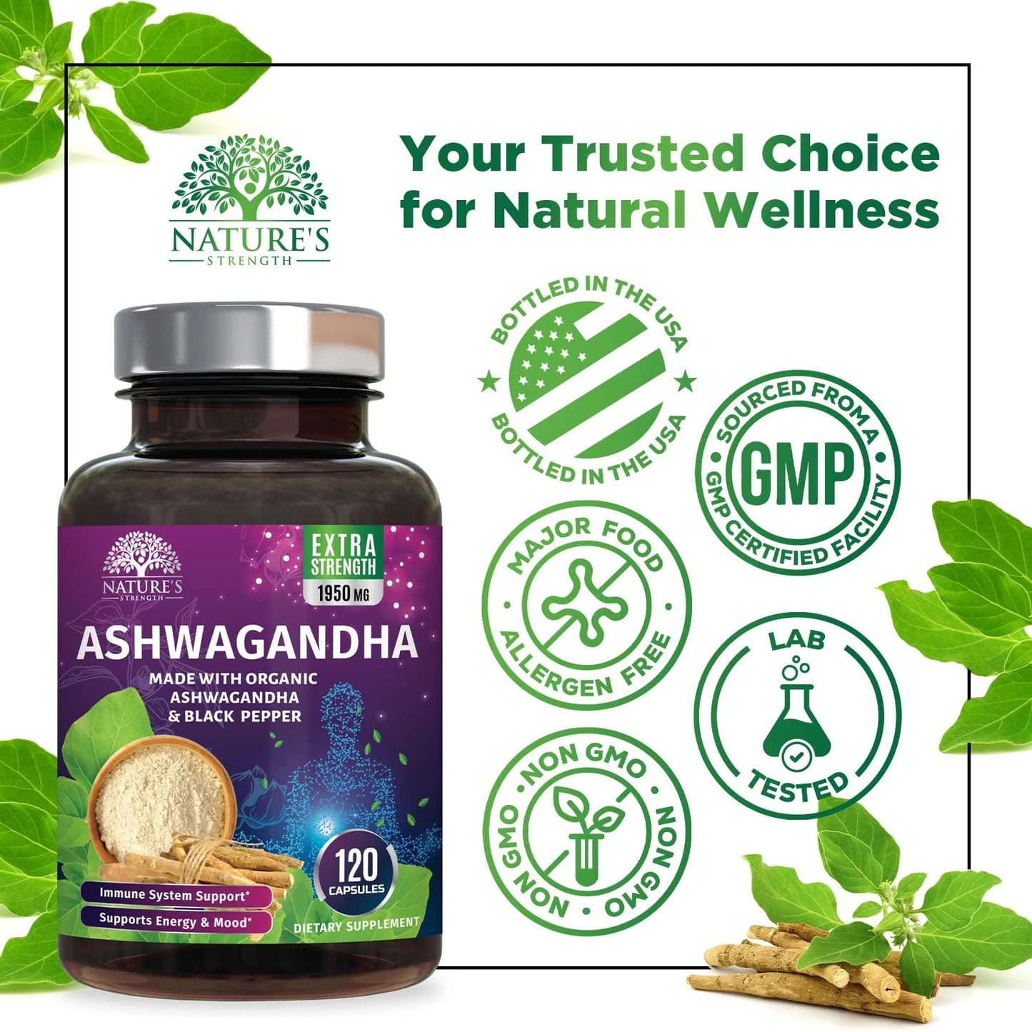 Experience Ultimate Wellness with Organic Ashwagandha Extra Strength 1950 mg - Premium Vegan Capsules for Stress, Immune, and Thyroid Support - 120 Count