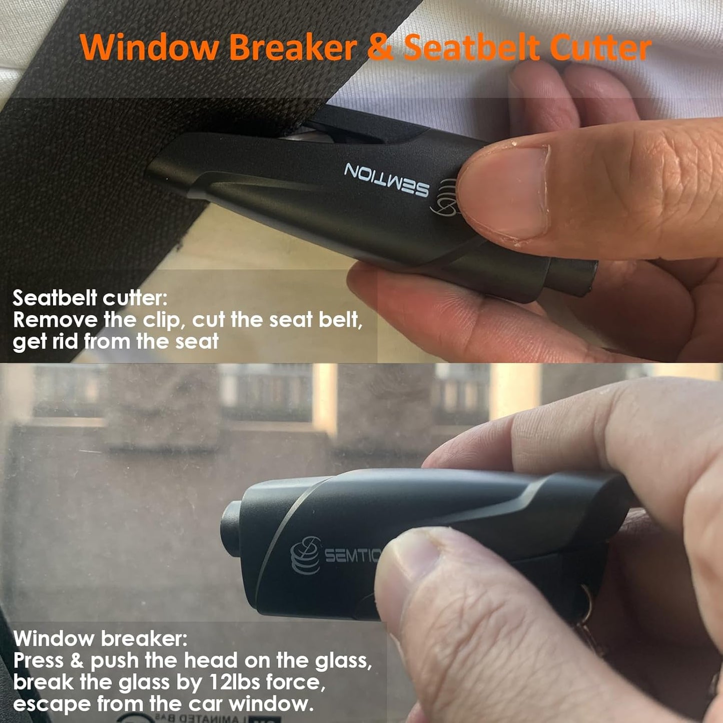 Window Breaker Seatbelt Cutter with Keychain Car Emergency Escape Tool for Land and Underwater, Pack of 2 (Black-Black)